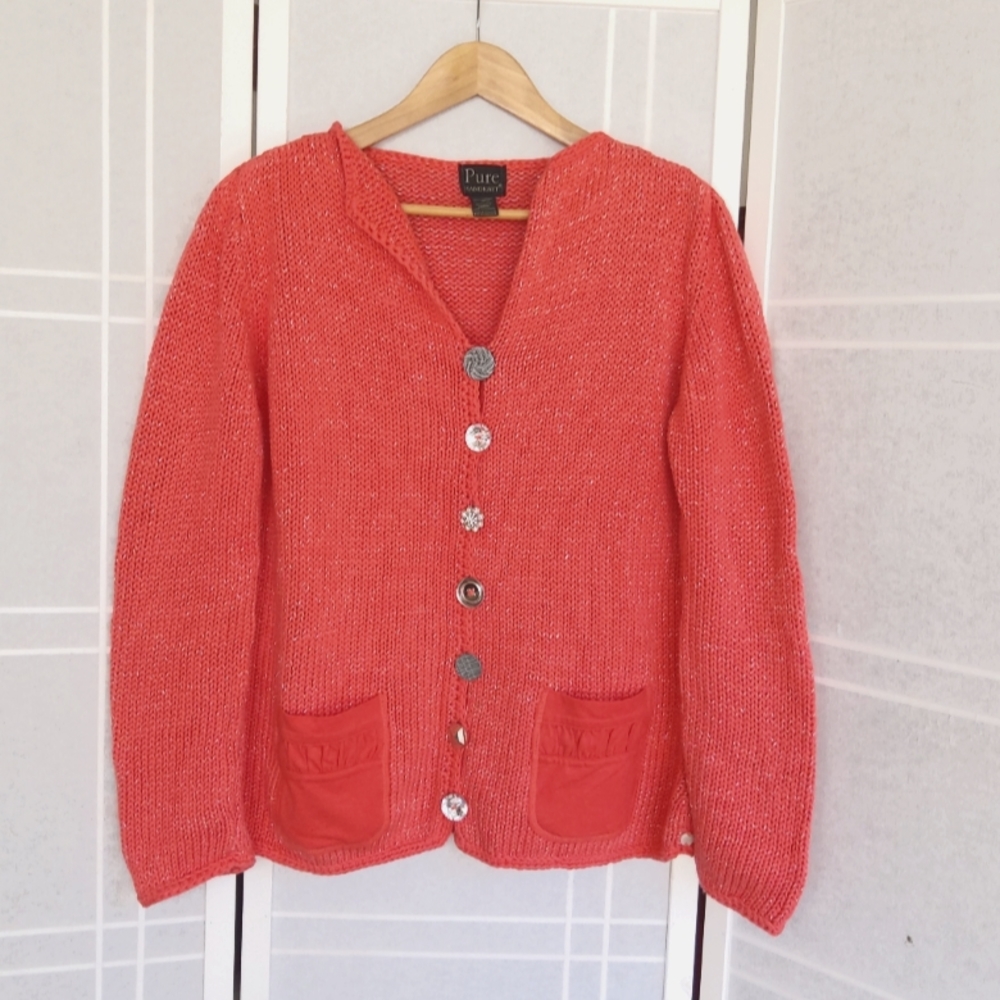 Pure Handknit art to wear peach coral pink cardigan